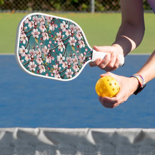 Rosa Kirschblüten Aquamariner Hintergrund Pickleball Schläger (InSitu)