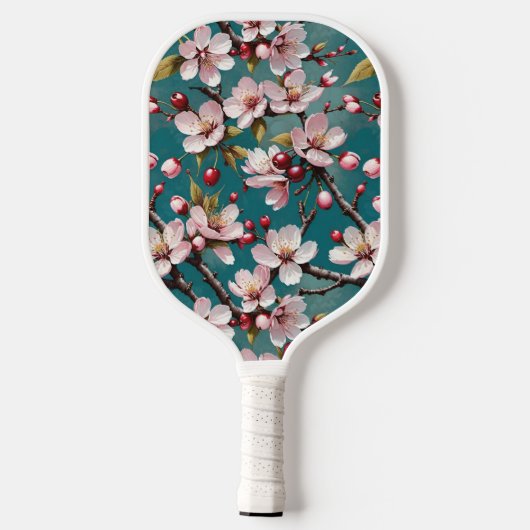 Rosa Kirschblüten Aquamariner Hintergrund Pickleball Schläger (Rückseite)