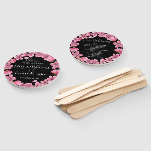 Rosa Kirschblüten auf dem Schwarzen Hochzeitsprogr Fächer (Non-assembled)
