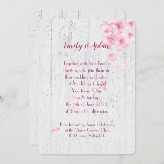 Rosa Kirschblüten auf Holzhochzeit Einladung (Vorne/Hinten)