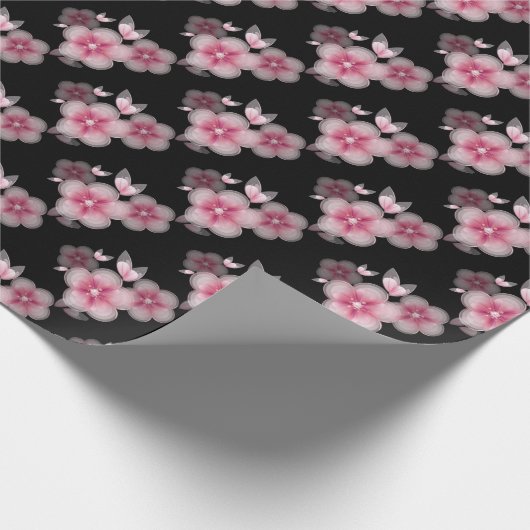 Rosa Kirschblüten auf schwarz Geschenkpapier (Ecke)