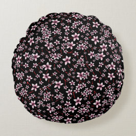 Rosa Kirschblüten auf Schwarz Rundes Kissen