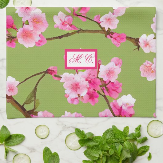 Rosa Kirschblüten Chartreuse Grün Mit Monogramm Geschirrtuch (Gefaltet)