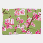 Rosa Kirschblüten Chartreuse Grün Mit Monogramm Geschirrtuch (Horizontal)