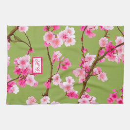 Rosa Kirschblüten Chartreuse Grün Mit Monogramm Geschirrtuch