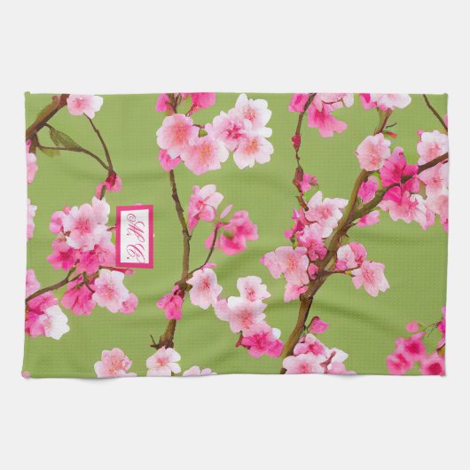 Rosa Kirschblüten Chartreuse Grün Mit Monogramm Geschirrtuch (Horizontal)