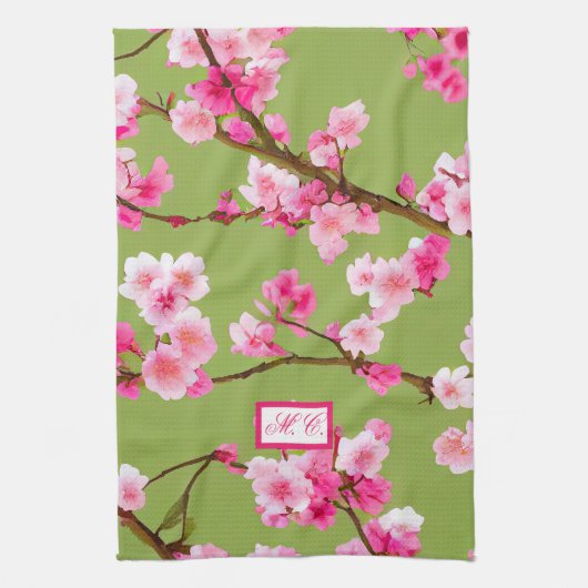 Rosa Kirschblüten Chartreuse Grün Mit Monogramm Geschirrtuch (Vertikal)