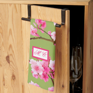 Rosa Kirschblüten Chartreuse Grün Mit Monogramm Geschirrtuch