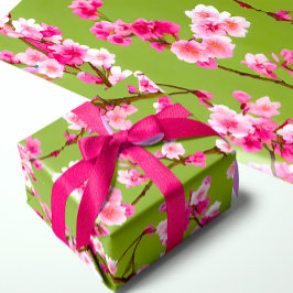 Rosa Kirschblüten Florals auf Chartreuse Green Geschenkpapier