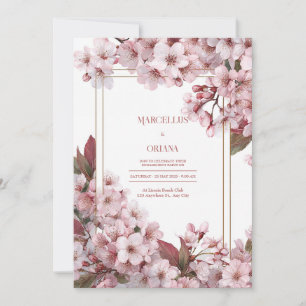 Rosa Kirschblüten Goldrahmen Elegante Hochzeit Einladung