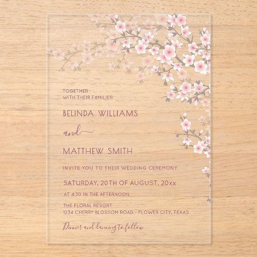 Rosa Kirschblüten-Hochzeit Acryleinladungen (Vorderseite)