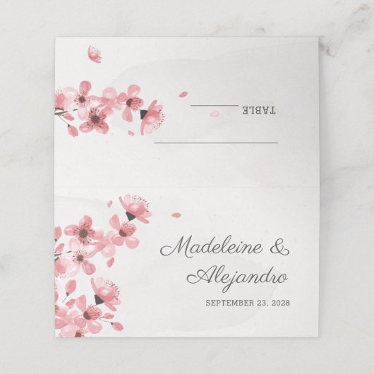 Rosa Kirschblüten Hochzeit mit Blumen Platzkarte (Außenseite Aufgefaltet)