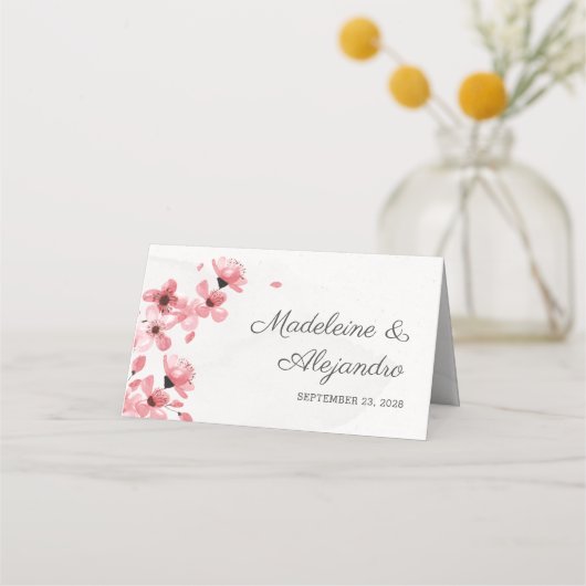 Rosa Kirschblüten Hochzeit mit Blumen Platzkarte (Vorderseite)