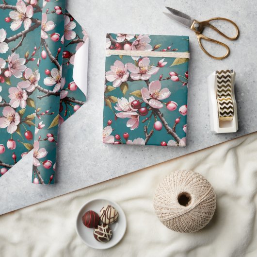 Rosa Kirschblüten im Aquamarinen Hintergrund Geschenkpapier (Kunsthandwerk)