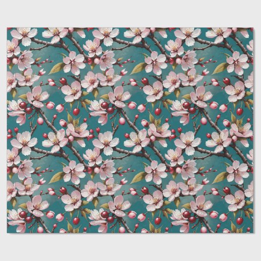 Rosa Kirschblüten im Aquamarinen Hintergrund Geschenkpapier (Flach)