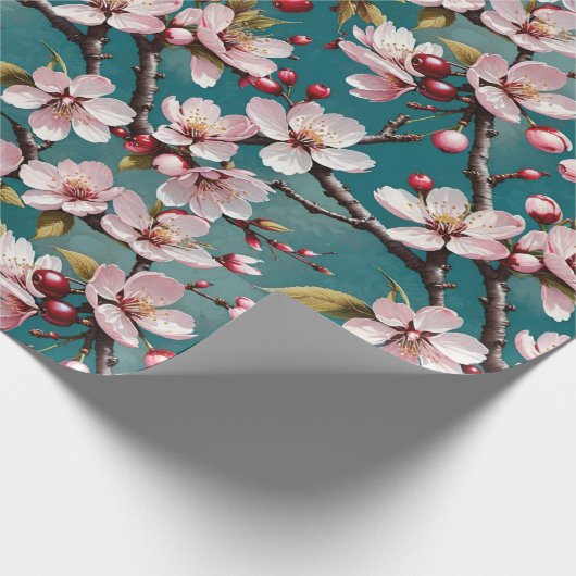 Rosa Kirschblüten im Aquamarinen Hintergrund Geschenkpapier (Ecke)