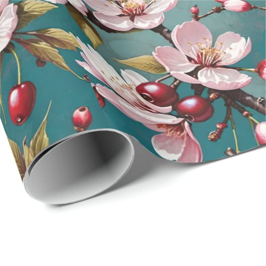 Rosa Kirschblüten im Aquamarinen Hintergrund Geschenkpapier (Rolleneckpunkt)