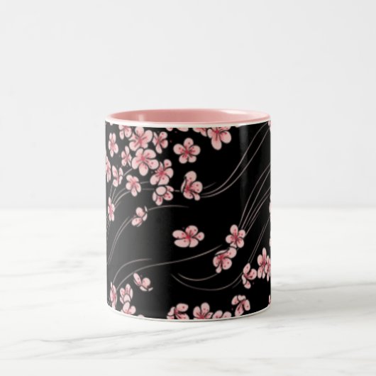 Rosa Kirschblüten in Schwarz Zweifarbige Tasse (Mittel)