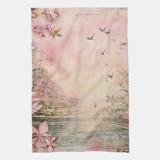 Rosa Kirschblüten-Landschaft Serenity (8) Geschirrtuch (Vertikal)