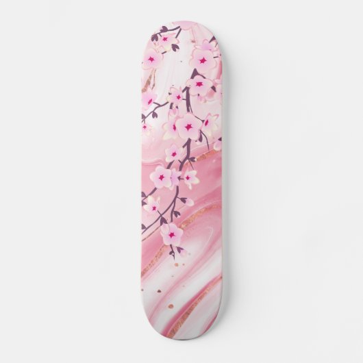 Rosa Kirschblüten Marmorboden Blüte Skateboard (Vorderseite)
