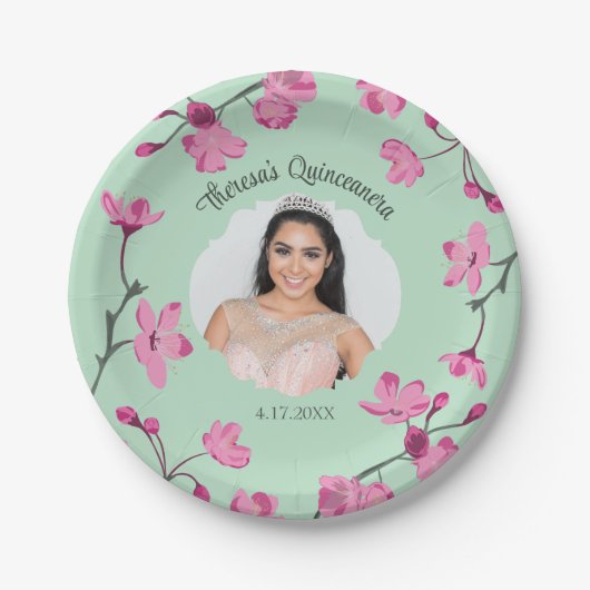 Rosa Kirschblüten, Minzgrün, Foto Pappteller (Vorderseite)