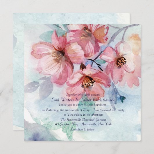 Rosa Kirschblüten Platz Einladung Hochzeit (Vorne/Hinten)