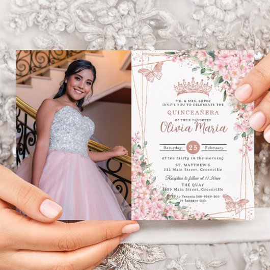Rosa Kirschblüten Rose Gold Quinceañera Foto Einladung