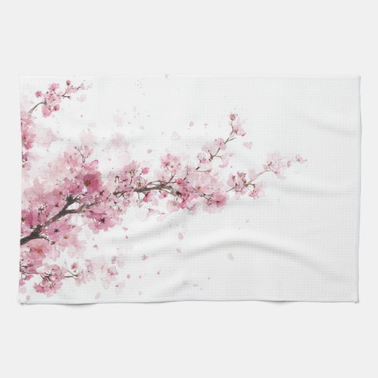 Rosa Kirschblüten-Sakura-Aquarell-Blumen-Boho Geschirrtuch (Horizontal)