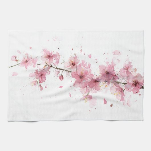Rosa Kirschblüten-Sakura-Aquarell-Blumen-Boho Geschirrtuch (Horizontal)