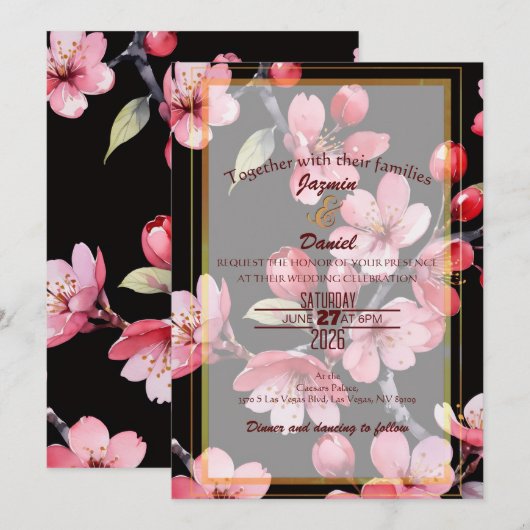 Rosa Kirschblüten Schwarzer Hintergrund Einladung (Vorne/Hinten)