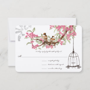 Rosa Kirschblüten Türkisfarbene Vögel Vogelkäfig U RSVP Karte