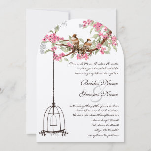 Rosa Kirschblüten-Vintage-Vögel-Vogelkäfig-Hochzei Einladung
