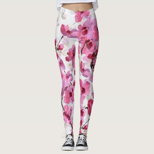 Rosa Kirsche blüht Wasserfarbe Nahtlos. Leggings (Vorderseite)