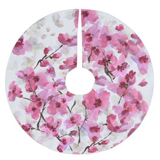 Rosa Kirsche blüht Wasserfarbe Nahtlos. Polyester Weihnachtsbaumdecke (Vorderseite)