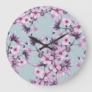 Rosa Kirsche Blume: Aquarellfärbung Große Wanduhr