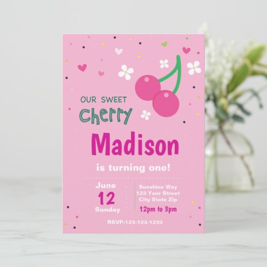 Rosa Kirsche Geburtstagsladung Einladung (Stehend Vorderseite)