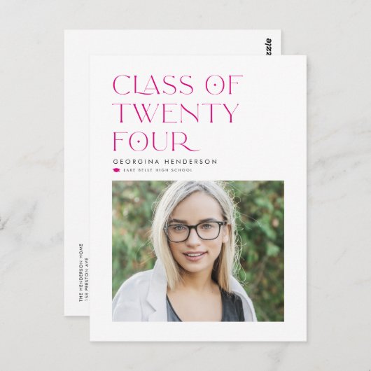 Rosa Klasse 2024 Moderner Minimalistischer Abschlu Postkarte (Vorne/Hinten)