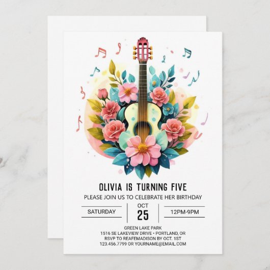 Rosa klassische Gitarre Geburtstag Einladung (Vorne/Hinten)