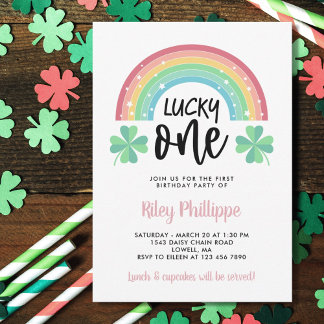 Rosa Klee und Regenbogen Lucky Eins erster Geburts Einladung