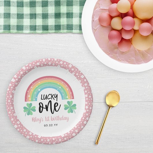 Rosa Klee und Regenbogen Lucky Eins erster Geburts Pappteller