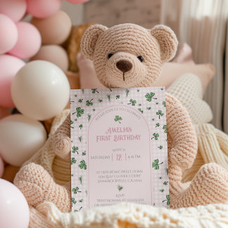 Rosa Kleeblatt Erstes Geburtstag Foto Einladung