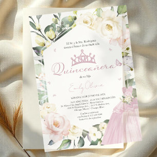 Rosa Kleid Boho Blumenrahmen Quinceañera Spanisch Pergament Einladungen