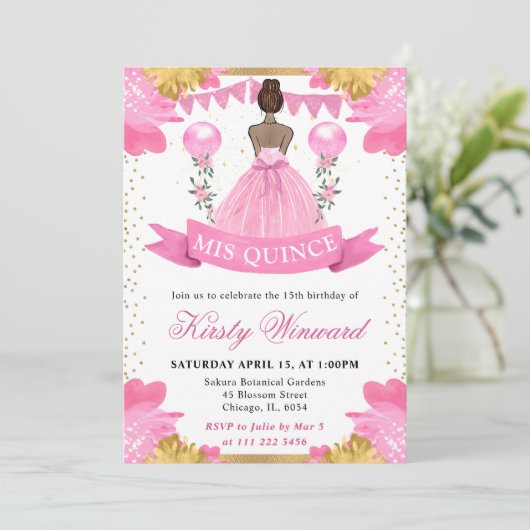 Rosa Kleid Dark Skin Princess Quinceanera Einladung (Stehend Vorderseite)