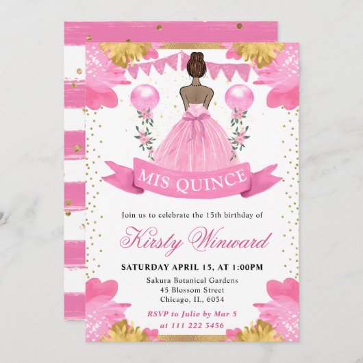 Rosa Kleid Dark Skin Princess Quinceanera Einladung (Vorne/Hinten)