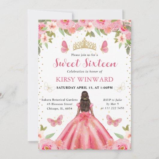 Rosa Kleid Dunkle Hautdruckerin Sweet 16 Einladung (Vorderseite)