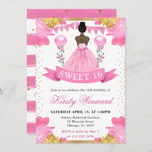 Rosa Kleid Dunkle Hautdruckerin Sweet 16 Einladung (Vorne/Hinten)