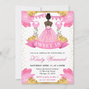 Rosa Kleid Dunkle Hautdruckerin Sweet 16 Einladung