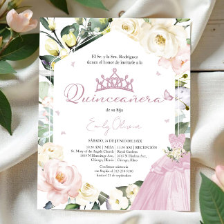 Rosa Kleid Floral Quinceañera Spanische Einladung