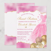 Rosa Kleid & Gold Glitzer Balloons Sweet 16 Einladung (Vorne/Hinten)
