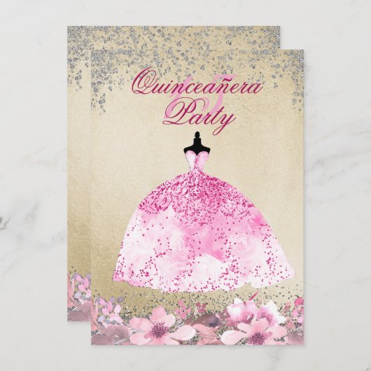 Rosa Kleid Gold Silver Glitzer Quinceanera Einlade Einladung (Vorne/Hinten)